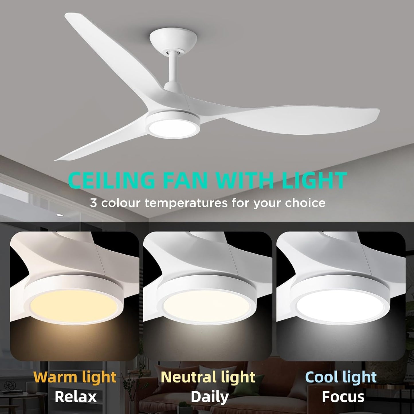 ✨ 52 Inch 3-Blade Ceiling Fan with LED Light 🔥 Reversible Quiet DC Motor, 3 Color Temperature, 6 Speed Wind, Remote & Timer Control, Large Airflow Energy Saving Ceiling Fixture for Bedroom Living Room Dining Playroom